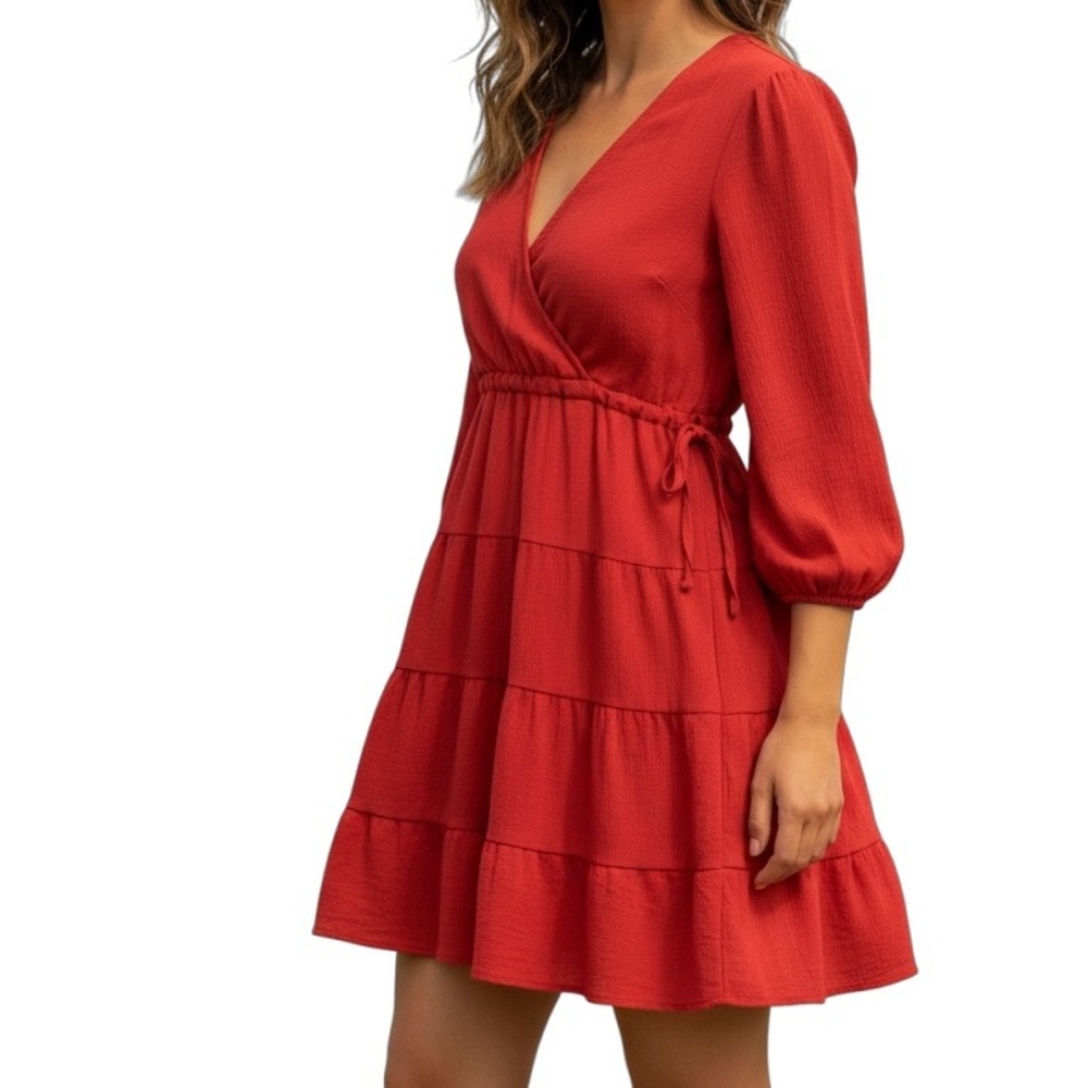Max Studio NWT Vibrant Red V Neck Side Tie Boho Tiered Crinkle Jersey Knit Dress - Picture 1 of 13